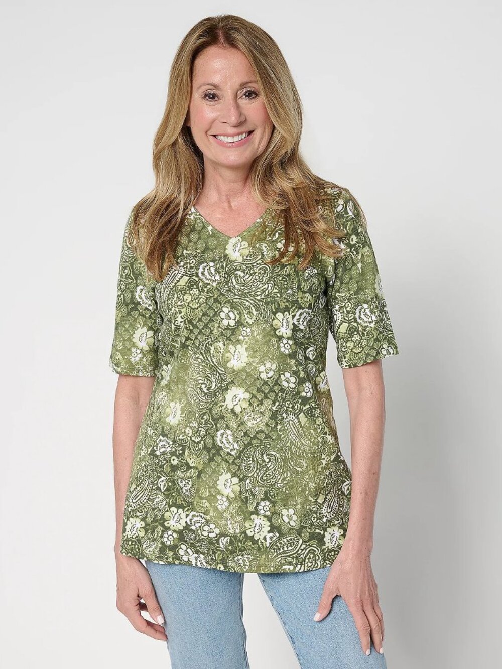 Denim & Co. Petite Print or Solid Elbow Sleeve V-Neck Tunic, Olive Sz PM a69465